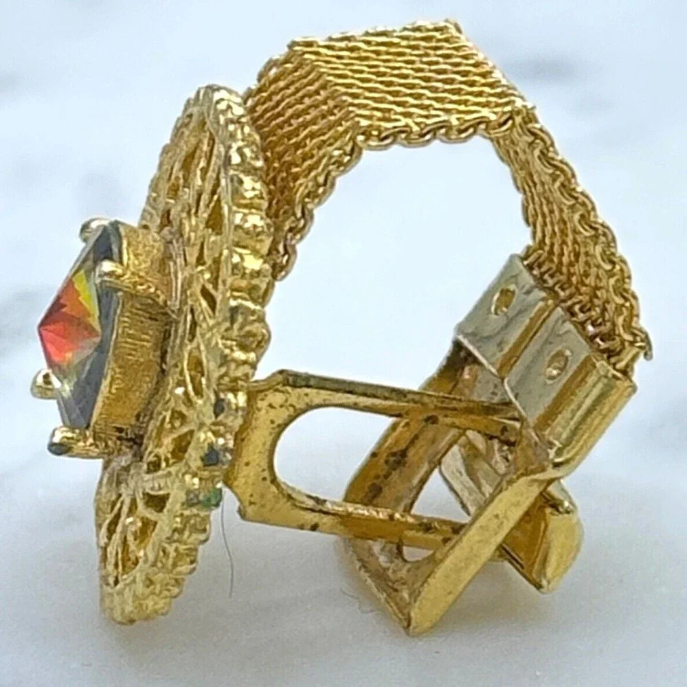 Vintage Round Prismatic Rivoli Gem Gold Tone Mesh Wrap Around Single Cufflink